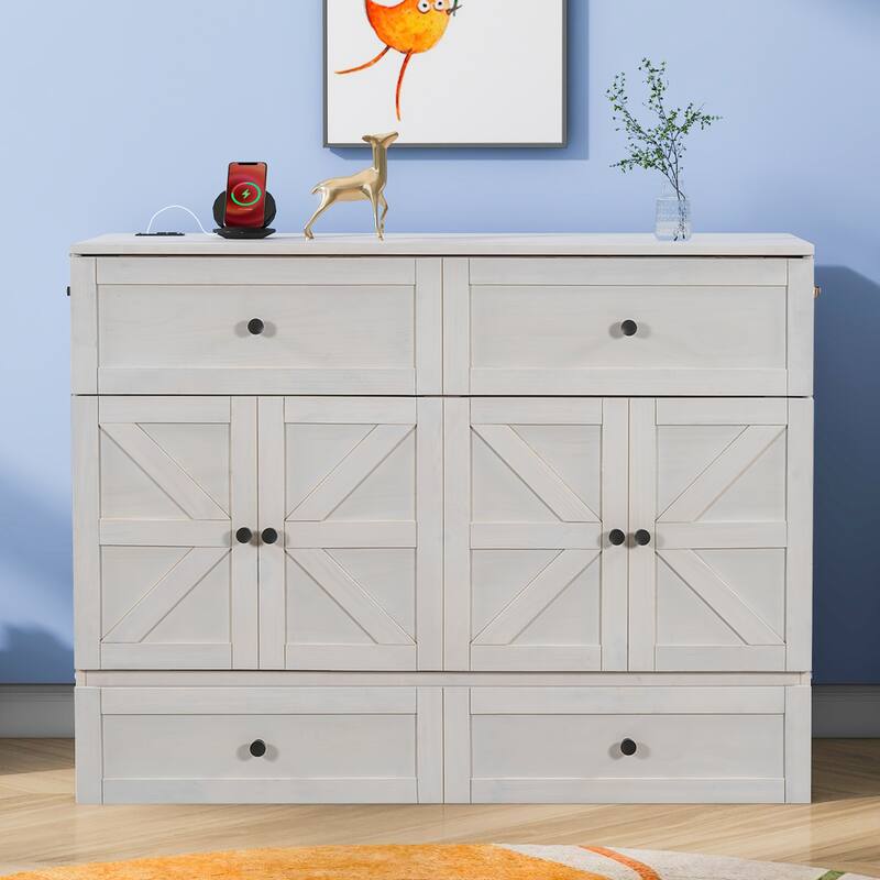 Modern Murphy Bed with Storage Drawers and USB - White - Full