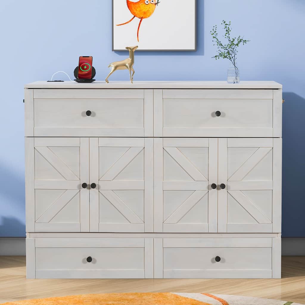 Space-Saving Full Size Murphy Bed with USB Ports and Storage Drawers, Brushed White