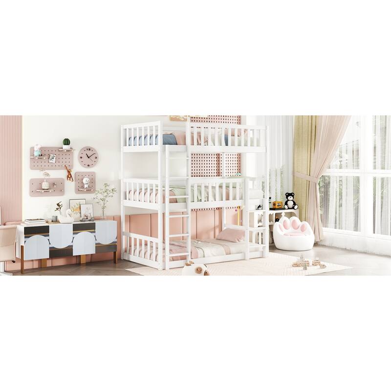 Roomfitters Twin Triple Bunk Bed, Rubber Wood Detachable Design with Ladders and Guardrails, Twin over Twin over Twin