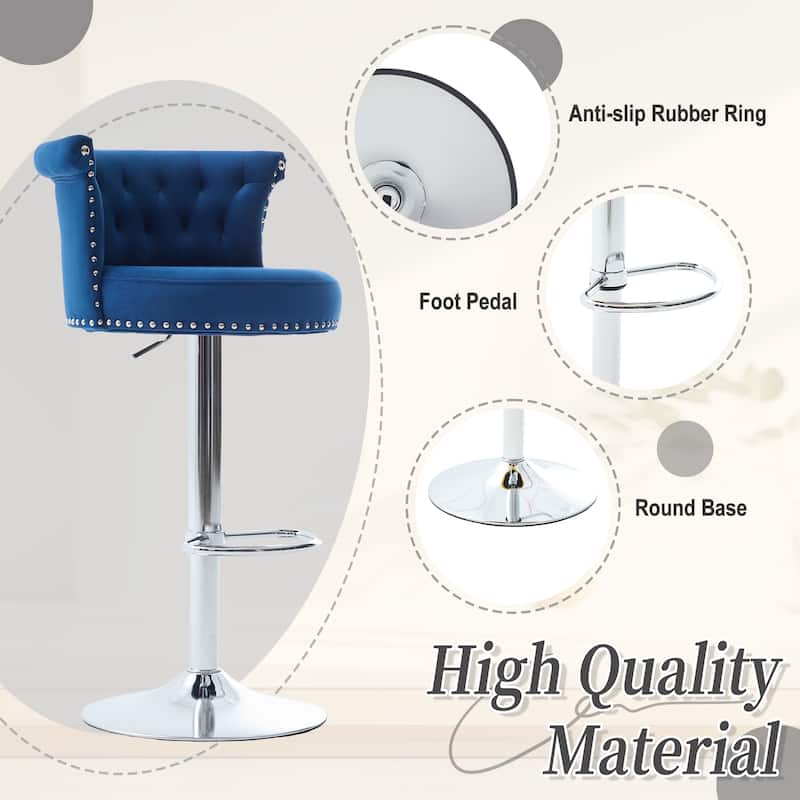 Velvet Bar Stool Set of 2, Adjustable Swivel Bar Stools with Silver Plated Metal Leg, Chrome Nailhead, Counter Height Chair