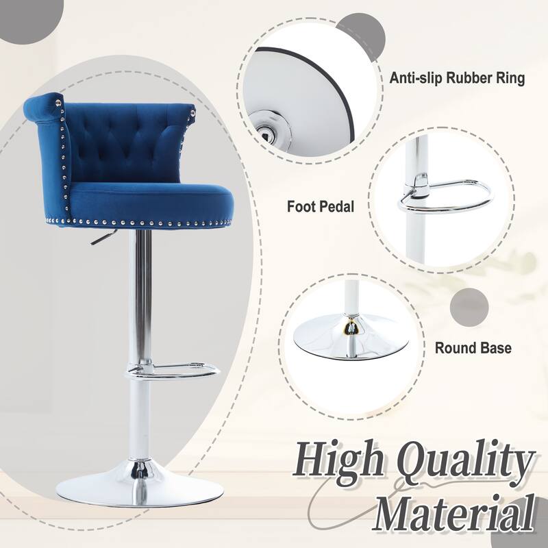 Velvet Upholstered Bar Stool Set of 2, Adjusatble Height Swivel Bar Stools, Dining Chairs with Curved Backrest & Footrest