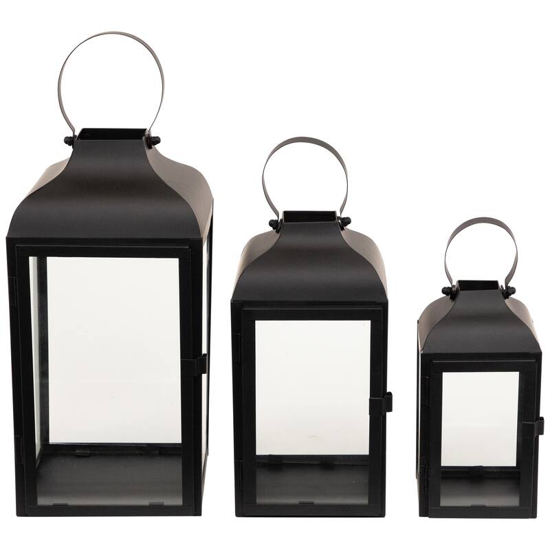 Metal Candle Lanterns with Handles - 12.75" - Black - Set of 3