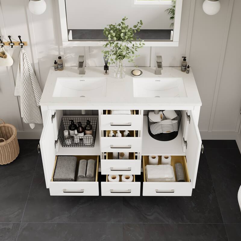 Eviva London 54"W x 18"D White Double Sink Bathroom Vanity with White Carrara Quartz Vanity Top