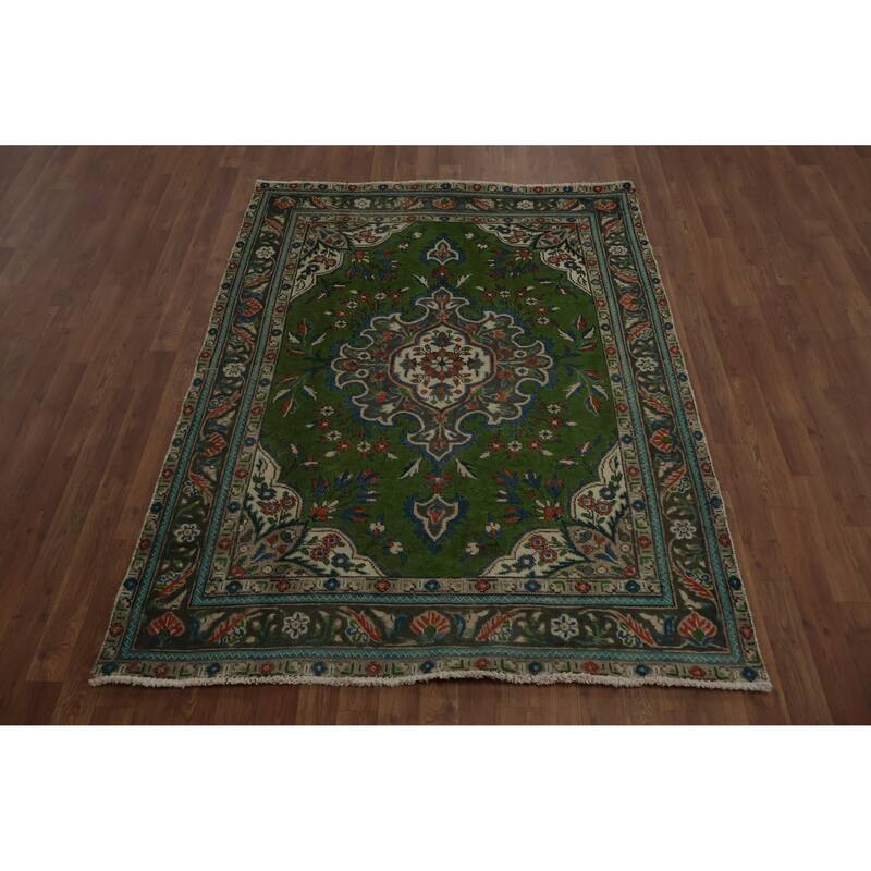 Hand Knotted Oriental 100% Wool Carpet Traditional Floral Green Tabriz Area Rug - 6' 1'' X 4' 8''