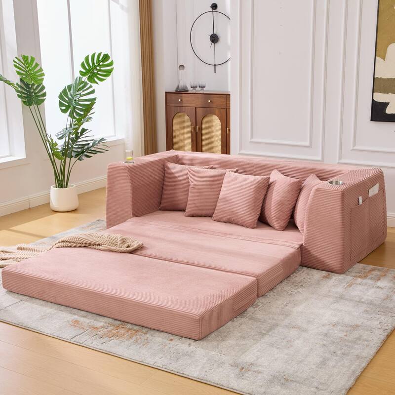2 in 1 Convertible Sofa Bed, Sleeper Sofa with Storage Pockets, Pull Out Loveseat Couch with Two Cup Holders