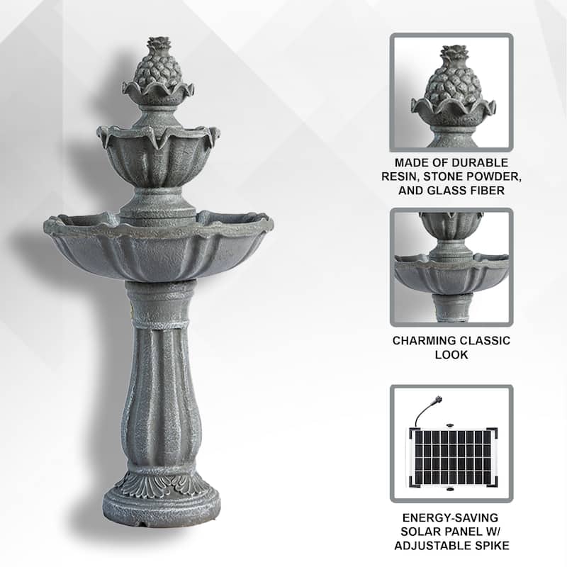 XBrand 36.2" Solar Water Fountain, 2-Tier, Grey Resin, Outdoor, With Solar Panel & Solar Pump for Home Garden Yard Décor