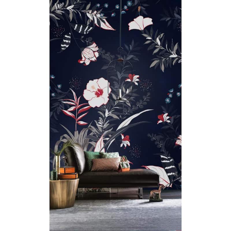 GK Wall Design Dark Floral Leaves White and Red Flowers Removable Wallpaper