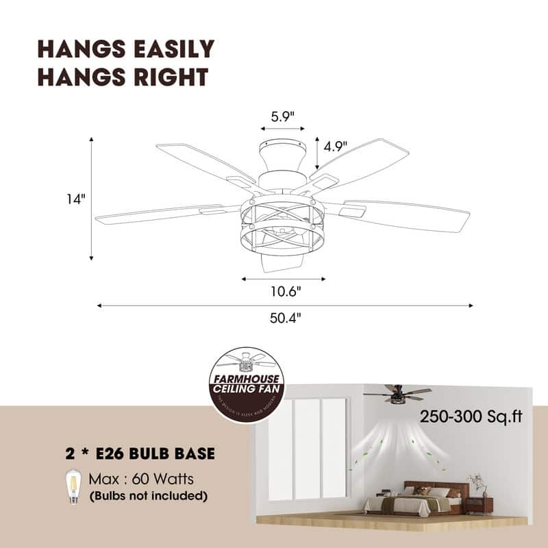 52 Inch Farmhouse Ceiling Fan with Light and Remote Black Industrial Caged Ceiling Fans for Living room - 52 in.