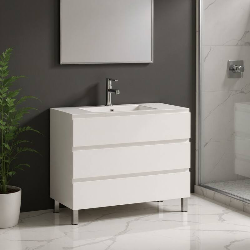 HomeRoots 40" White Wood Freestanding Bathroom Vanity With White Sink And Three Drawers - 40.00 in. x 33.12 in. x 17.88 in. - 40.00 in. x 33.12 in.  x 17.88 in. - Polished - White