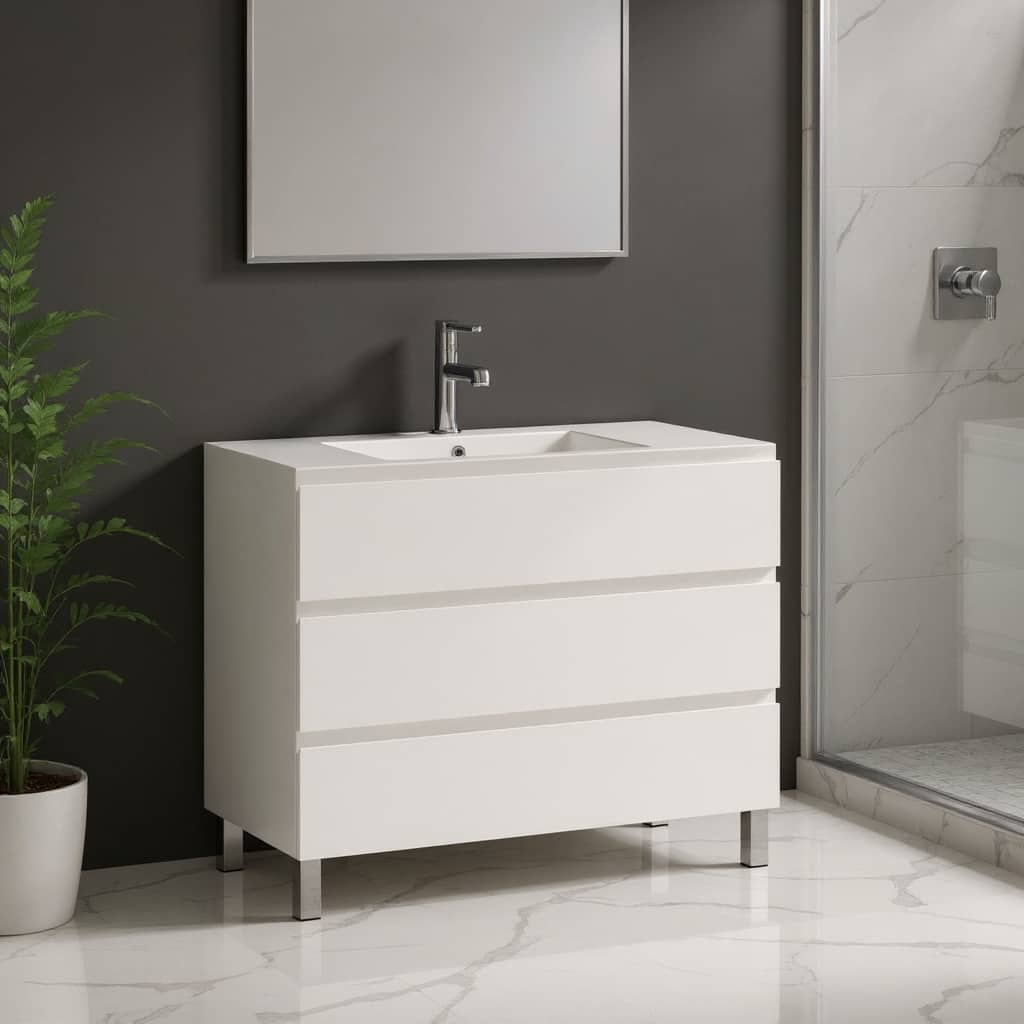 HomeRoots 40" White Wood Freestanding Bathroom Vanity With White Sink And Three Drawers - 40.00 in. x 33.12 in. x 17.88 in.