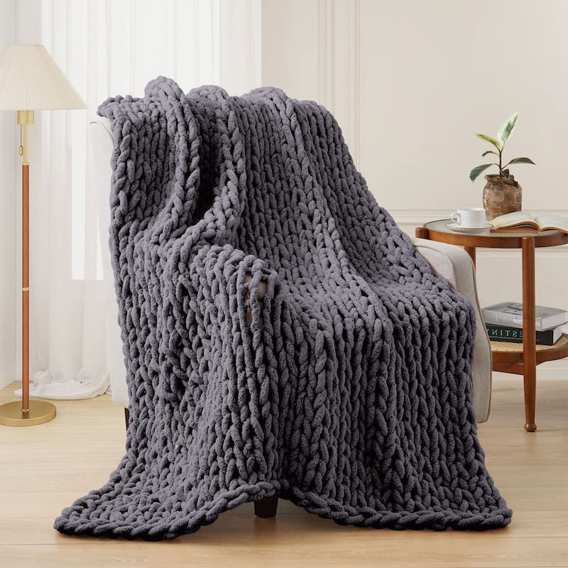 Handmade Chunky Knit Chenille Yarn Throw Blanket 50"x60" - Gray