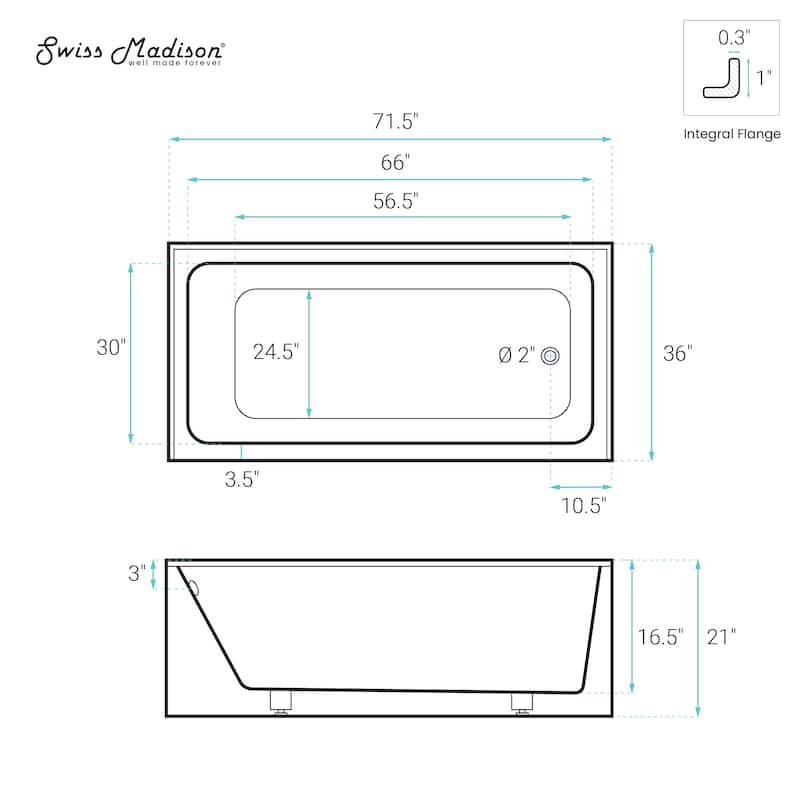 Voltaire 72 X 36 Right Drain Soaking Alcove Corner Apron Bathtub In Glossy White