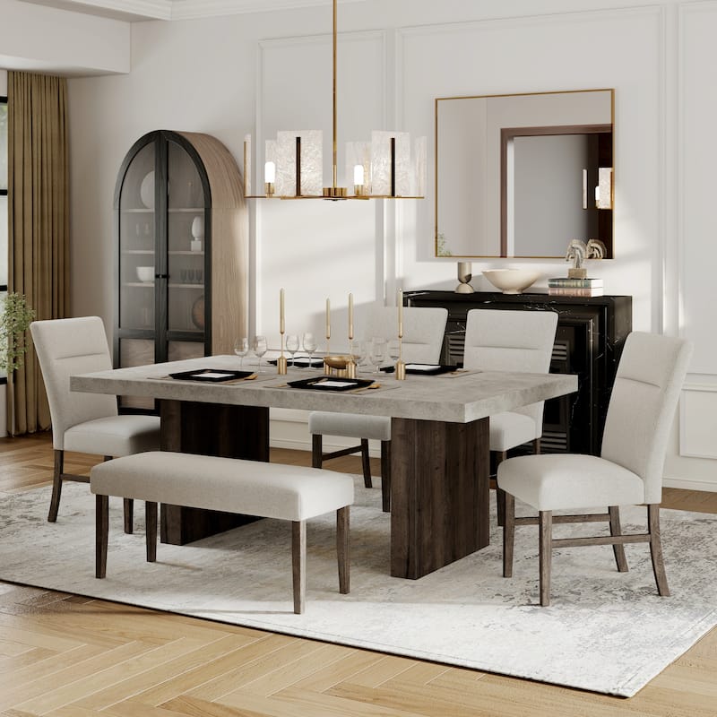 Roundhill Furniture Sorlen Modern 6-Piece Dining Set, 3D Faux Concrete Table with 4 Chairs and Bench