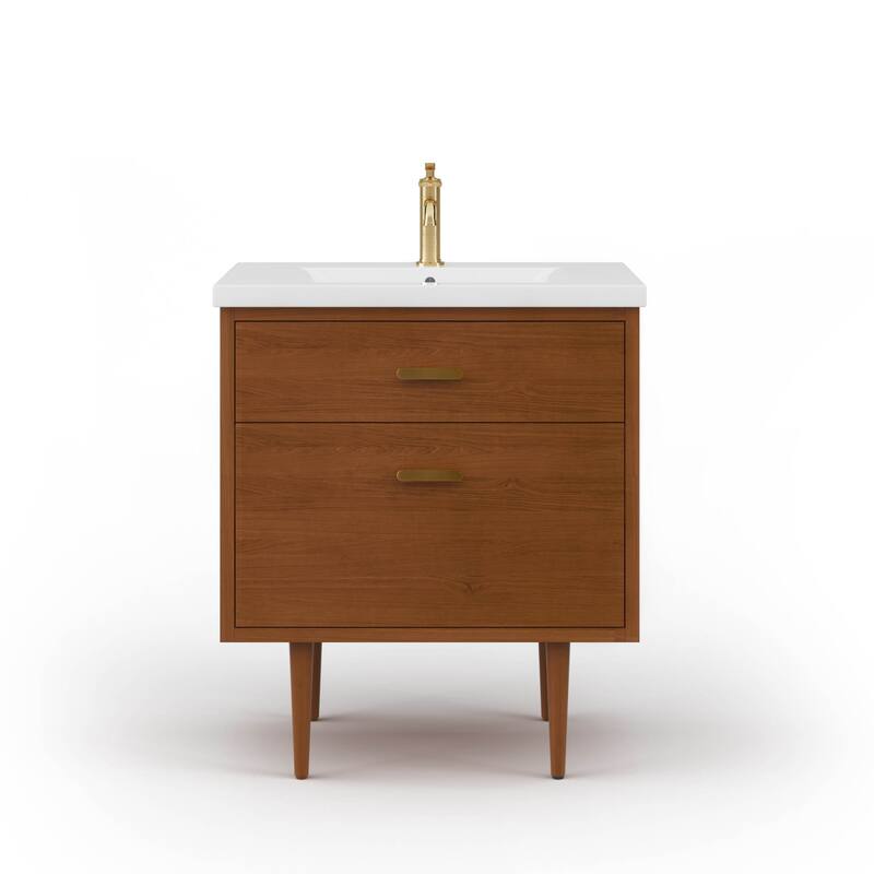 Brandy Integrated Ceramic Sink Top Vanity in Honey Walnut with Satin Gold Single Faucet - 30"