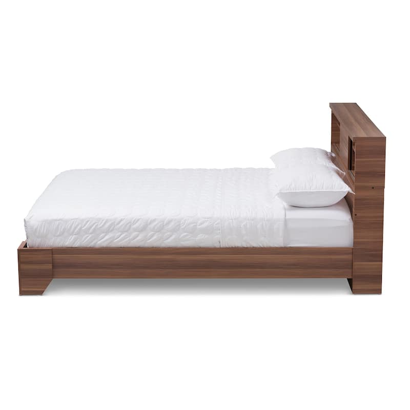 Two-Tone Walnut and Black Queen Platform Bed with Open Shelf Storage and Sliding Door Headboard