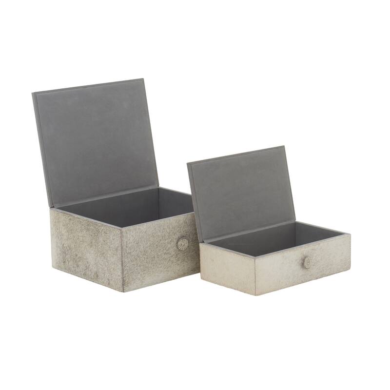 Leather Handmade Decorative Box with Hinged Lid - Set of 2 Gray, Brown, Dark Brown, Gold, Silver - Roche River Decor