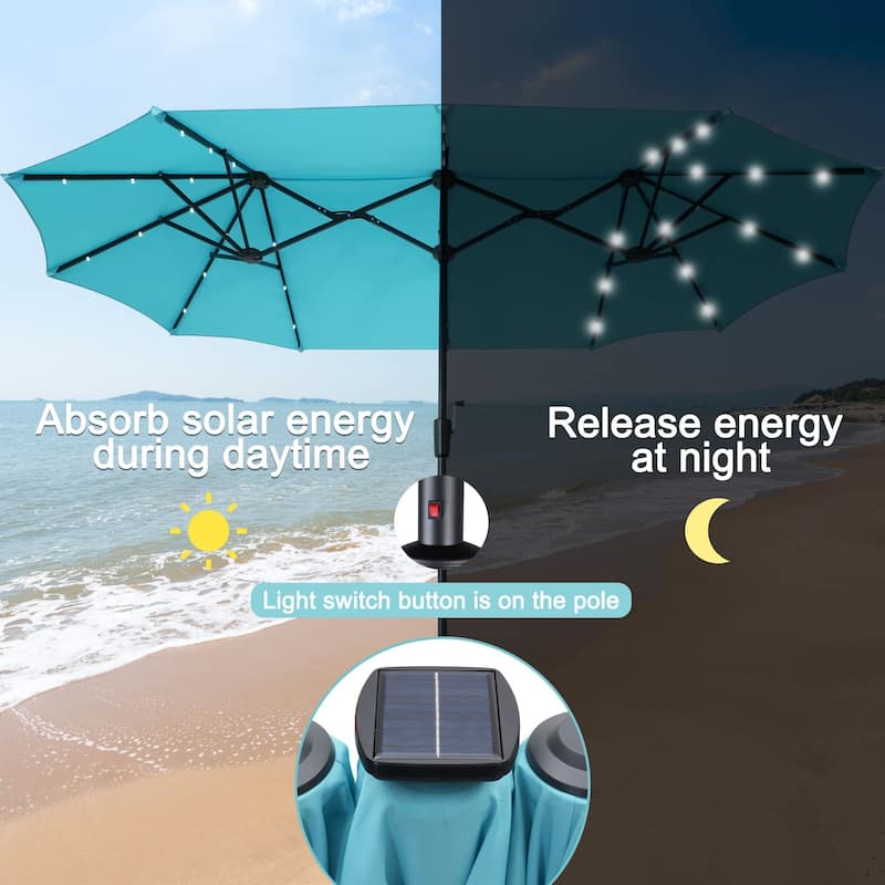 Ainfox 13ft Double-sided Patio Umbrella Solar LED Lighted Outdoor Martet Umbrella with Base