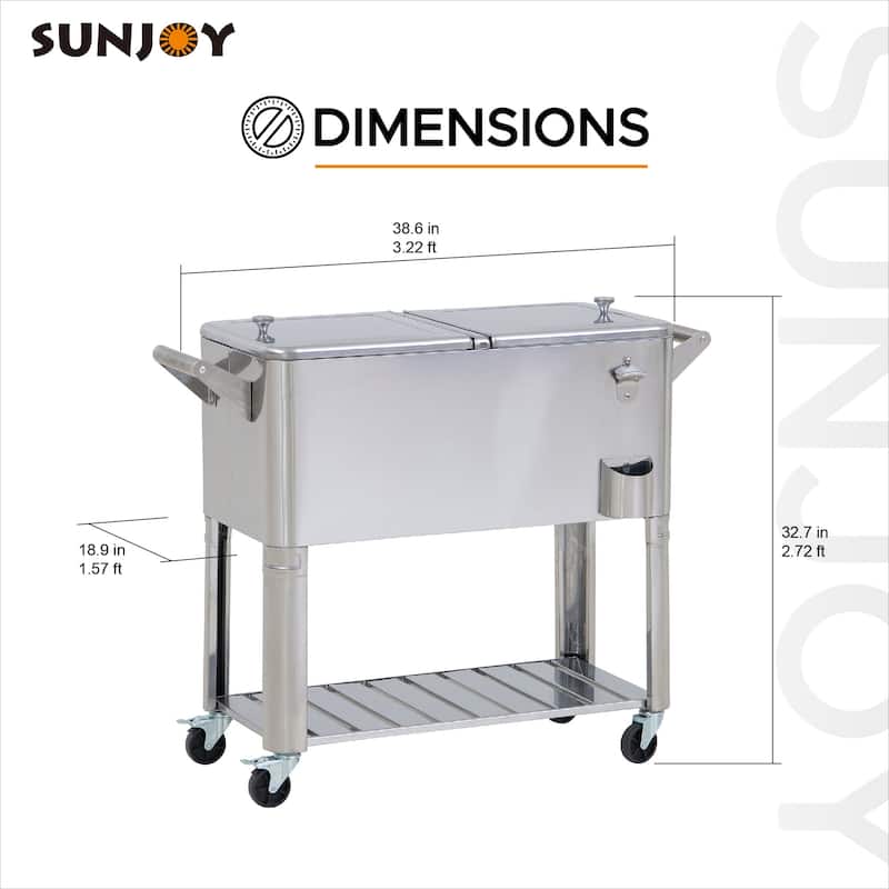 80 QT Patio Cooler Cart ,Stainless Steel Rolling Ice Chest with Steel Bottle Opener, Shelf and Lockable Wheels Sunjoy