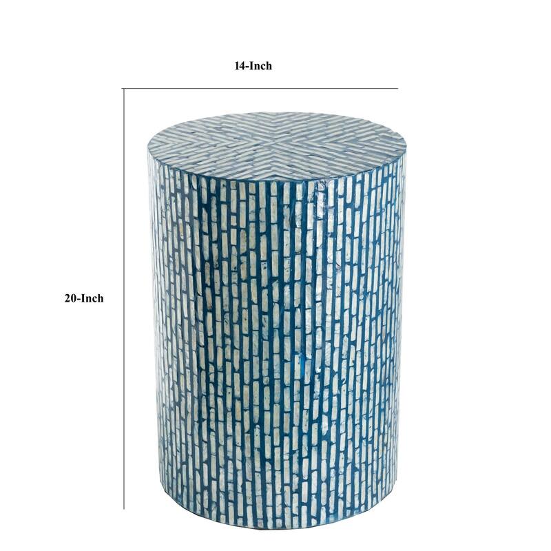 20 Inch Capiz Accent Stool Table, Cylindrical Linear Pattern, Blue, Black