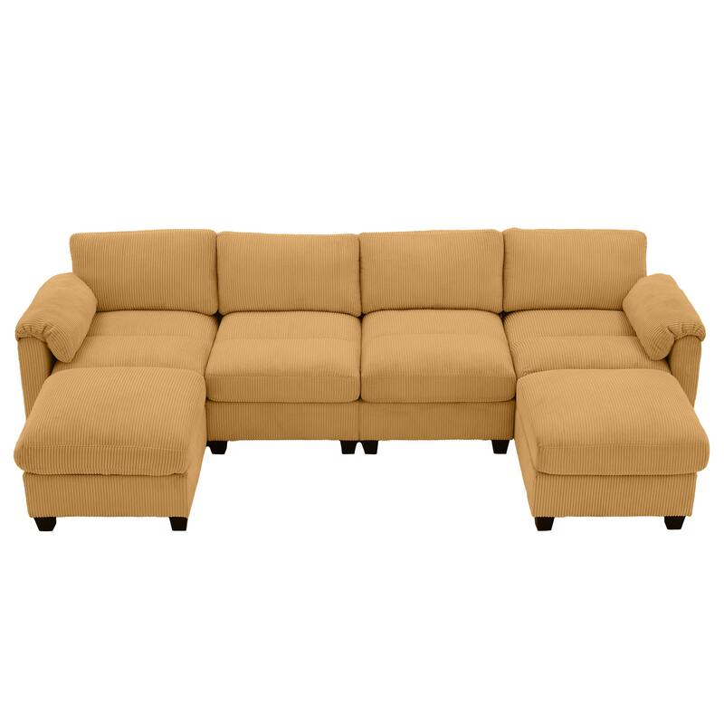 Corduroy Sectional Sofas with 2 Removable Ottomans, U-shaped Symmetrical 6-Seat Modular Couch - Mineral Yellow - Symmetrical