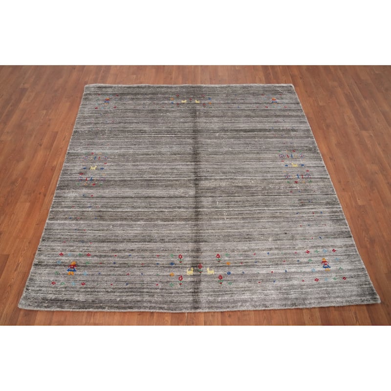 Hand Knotted Oriental Viscose Silk Carpet Tribal Animal Pictorial Greys & Charcoal Gabbeh Area Rug - 6' 2'' X 5' 11''