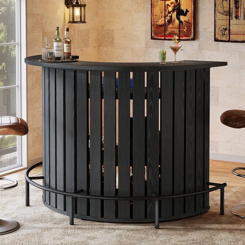 39.4” H Brown Engineered Wood Bar Table with Footrest, 4-Tier Arc-Shaped Home Bar Unit - Black