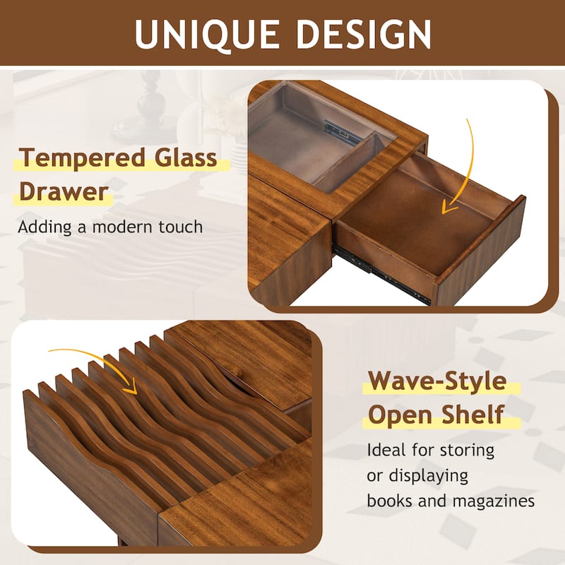 33'' Mid-Century Modern Square Coffee Table with 3 Drawers, Tempered Glass Top, Solid Wood Legs for Living Room