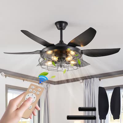 52" Black Ceiling Fan with Light - 6 Blades - Industrial - Living Bedroom(Bulb Not Included)