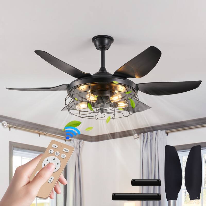 52" Modern Ceiling Fan with Light, 6 Fan Blades and Industrial Cage Design, Adjustable Speed for Living Room, Bedroom - Black
