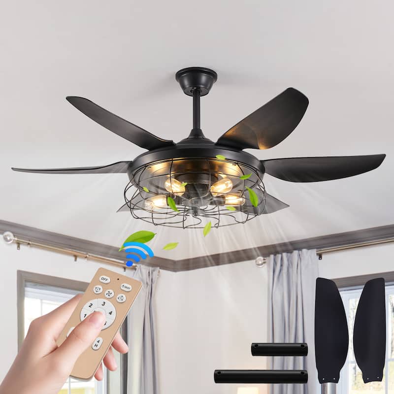 6-Speed Reversible Ceiling Fan for Bedroom Living Dining Room, 52" Industrial Cage Ceiling Fan with Light, Bulb Not Included