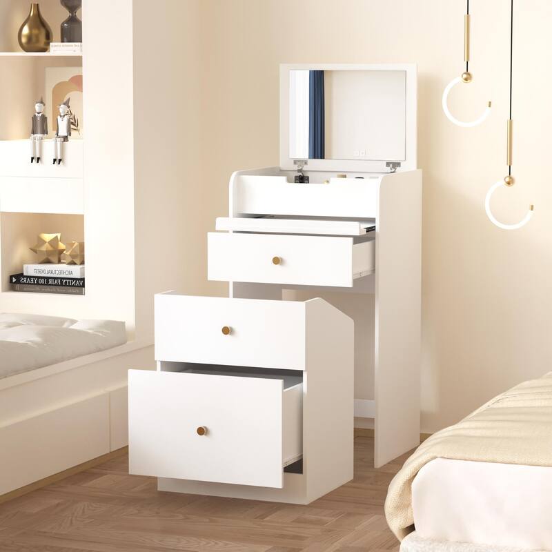 Anmytek Multifunctional Storage Unit White Vanity Desk with Mirror,Chair, Drawers for Small Spaces