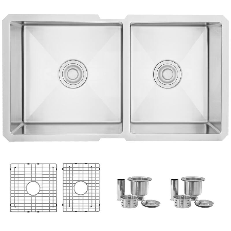 Undermount 33" Stainless Steel Double Bowl Kitchen Sink Handmade - 33" x 18" x 10" - 33" x 18" x 10" 