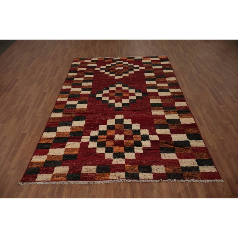 Hand Knotted Oriental 100% Wool Carpet Modern Geometric Red Moroccan Area Rug - 10' 2'' X 6' 9''