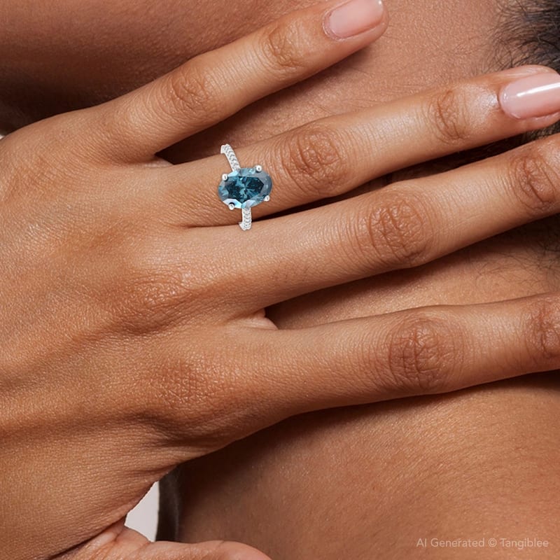 2 1/3Ct Blue Oval Diamond Engagement Ring in White Gold Lab Grown