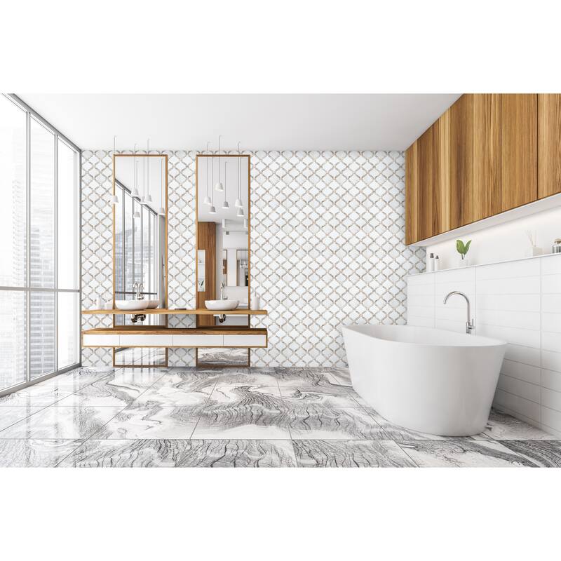 The Tile Life Tahitian Pearl 14x14.5 Calacatta Gold Satin Glass Arabesque Mosaic Wall & Backsplash Tile