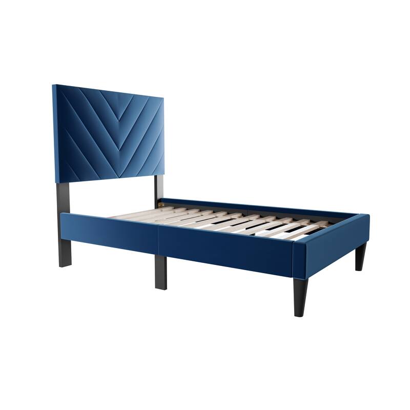 Adjustable Velvet Twin Bed with V-Stitch Headboard & 12-Slat Support