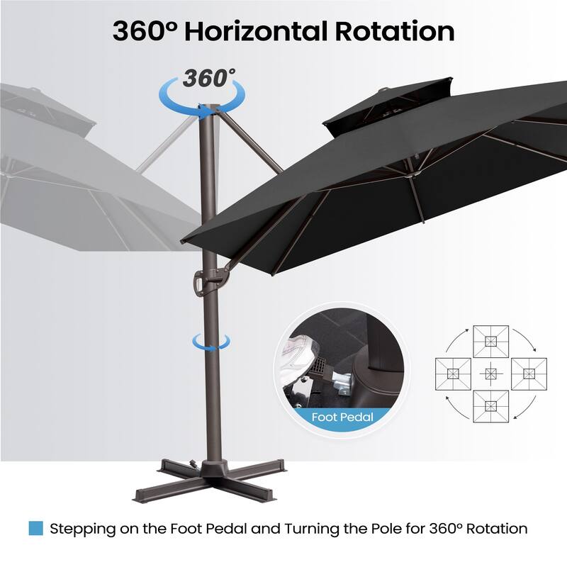 10X12.5 FT Outdoor Dual Top Patio Offset Umbrella 360 degrees Rotation with Base