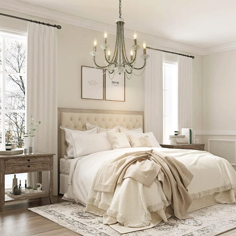 6-Light 20" Rustic French White Antiqued Wood Beaded Chandelier Light for Dining Room, Living Room