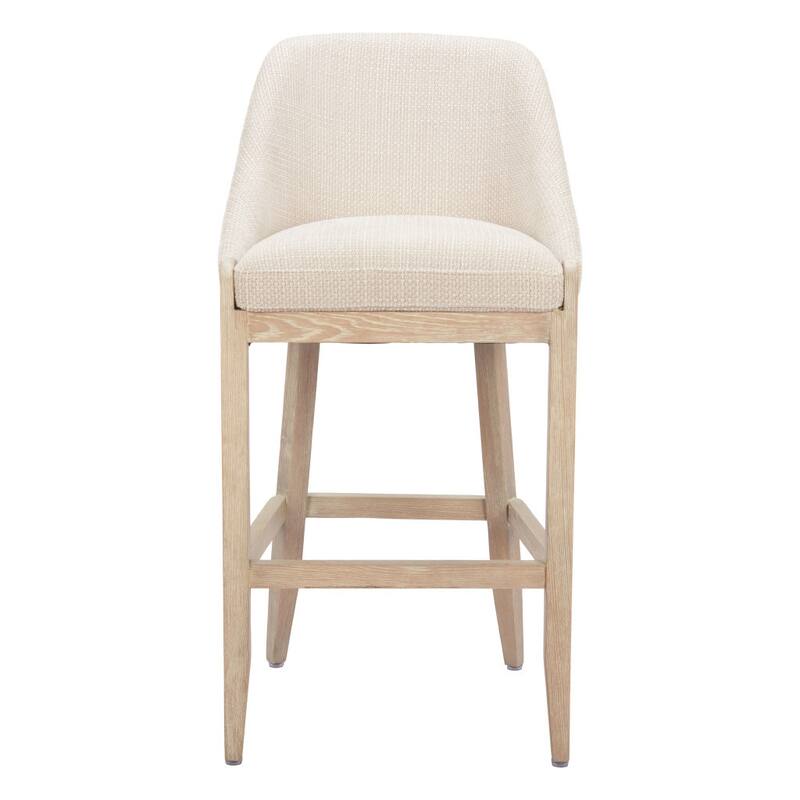 HomeRoots 31" Beige and Natural Fabric and Solid Wood Bar Height Bar Chair