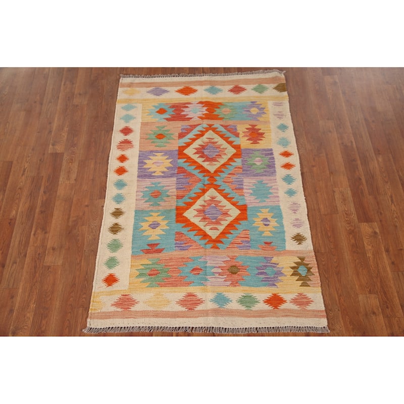 Reversible Geometric Kilim Area Rug Flatweave Wool Carpet - 3'2"x 4'11"
