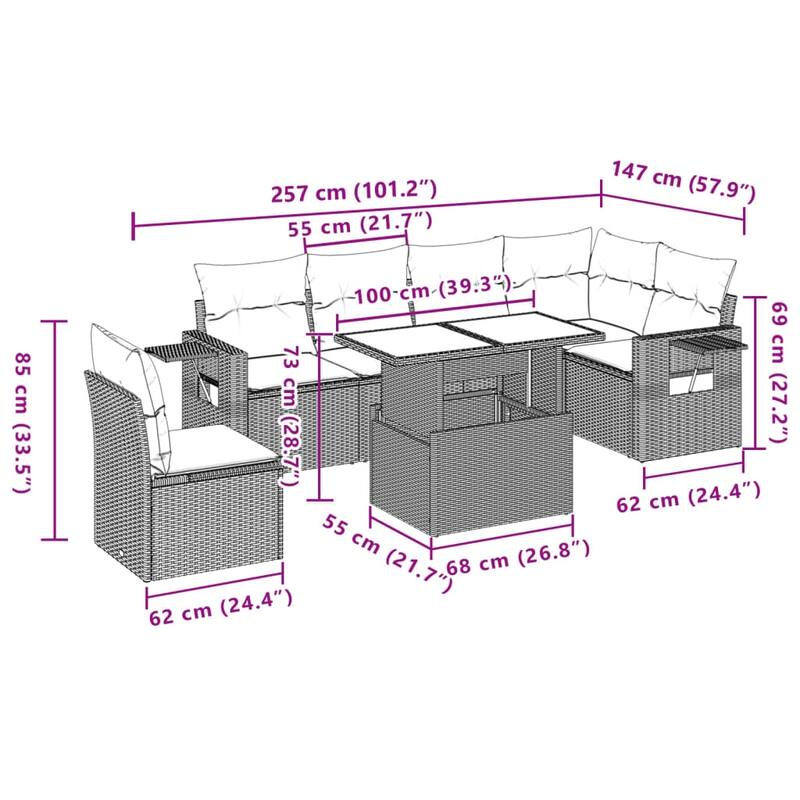 vidaXL Patio Sofa Set with Cushions Outdoor Furniture 7 Piece Poly Rattan - 21.7 x 39.4 x 28.7