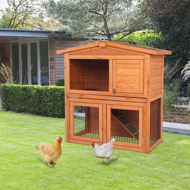 40" Triangle Roof Waterproof Wooden Bunny Hutch A-Frame Pet Cage Wood Small House Chicken Coop Natu