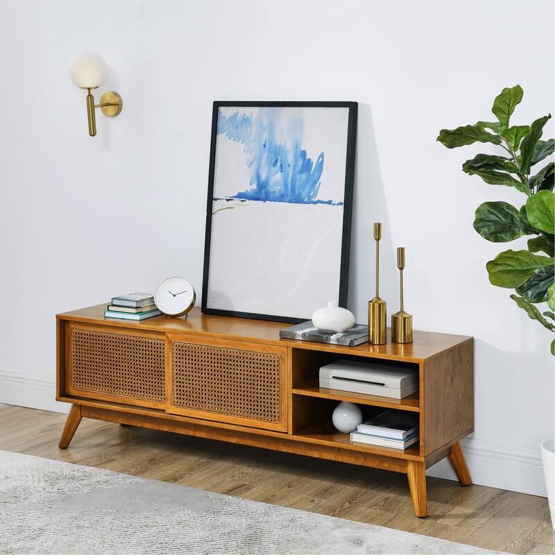 Mid Century Modern Rattan TV Stand for 65 Inch TV, Entertainment Cabinet, Media Console