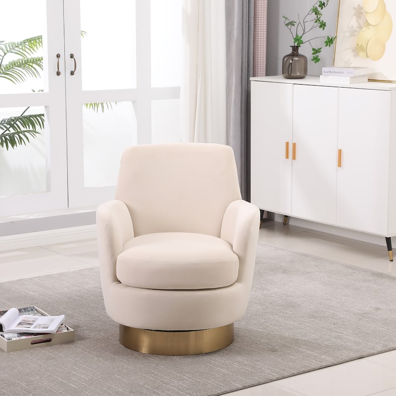 Velvet Swivel Barrel Chair for Living Room, 360° Swivel Accent Chair with Arms, Modern Round Barrel Armchair for Reading Corner - Beige