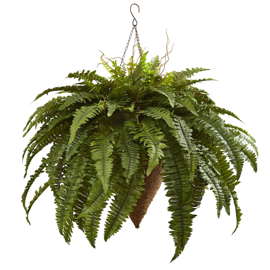 Fern Hanging Basket - 26In. Indoor Outdoor Decor - Lush Green Leaves in Woven Basket - Front Porch Sunroom