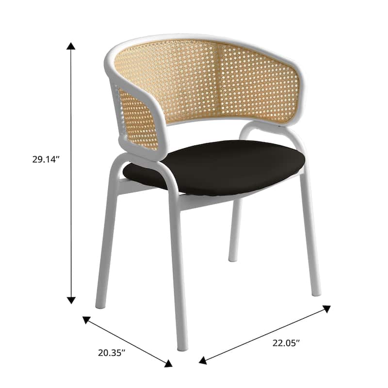 LeisureMod Set of 2 Minimalist Leather Dining Chairs with Wicker Back in Steel Frame - Side Chair for Home Office & Kitchen