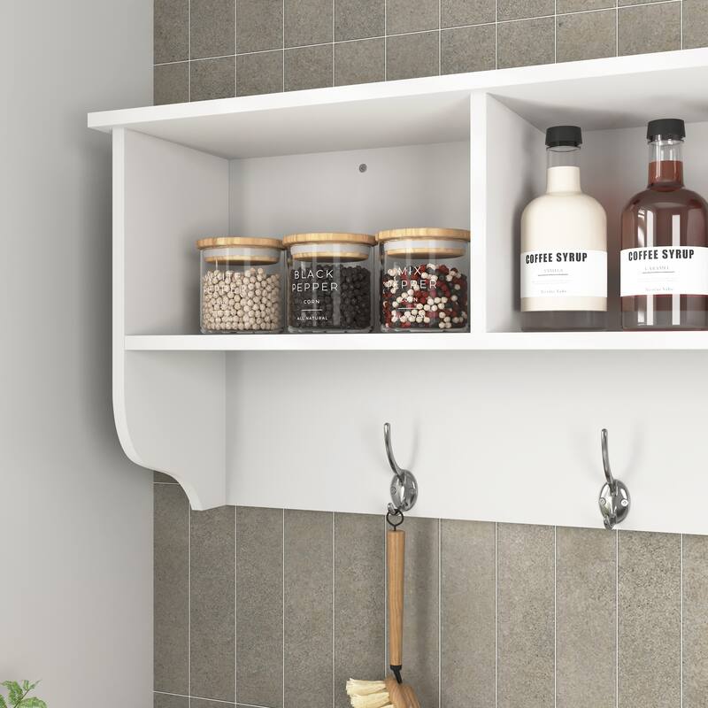 Anmytek White Wall Mounted Coat Rack 4 Dual Hooks Wooden Storage Shelf Entryway Living Room