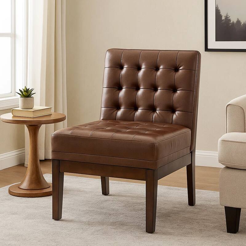 Armless Accent Chair, Tufted Dark Brown Faux Leather, Rubberwood Frame