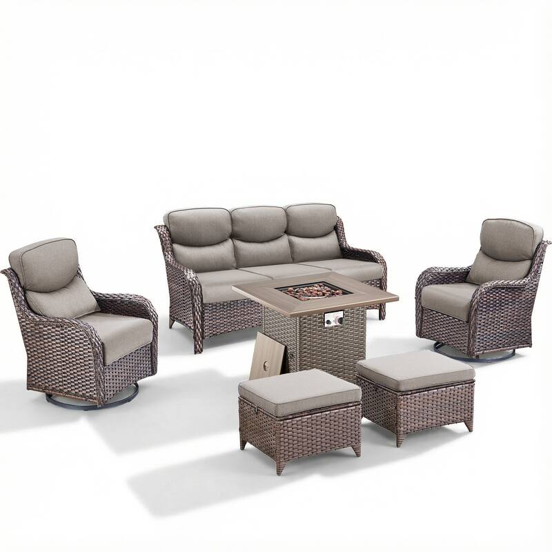 Pocassy Outdoor Propane Fire Table with Sofa Swivel Chair Ottoman Funiture Set.