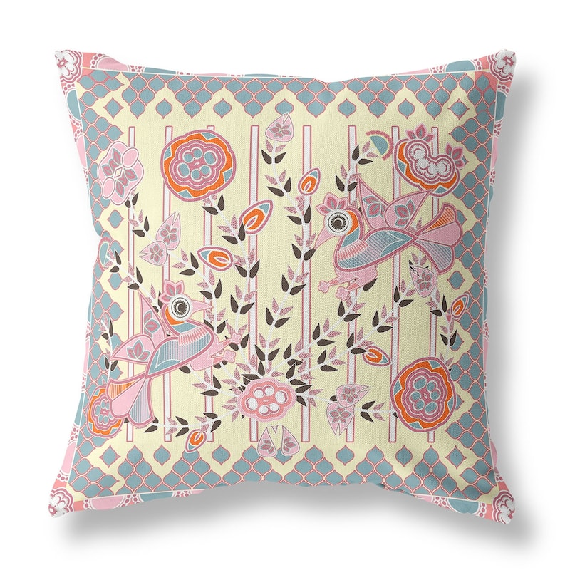 HomeRoots 16" x 16" Yellow Peacock Blown Seam Floral Indoor Outdoor Throw Pillow - 16.00' X '5.00' X '16.00